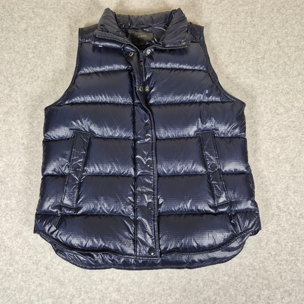 J.CREW Puffer Vest Womens Small Navy Blue Ripstop Quilted Full Zip Snap Front